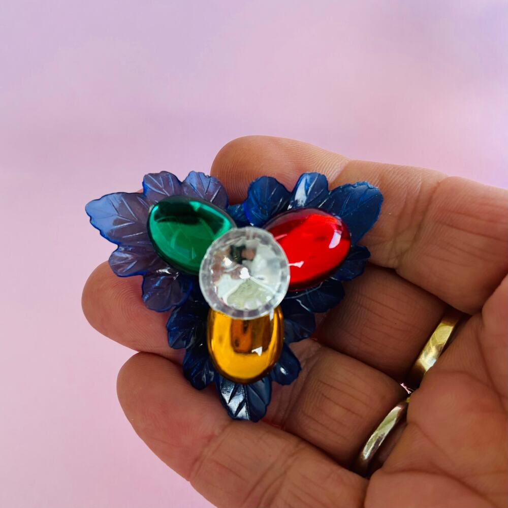 Vintage 1980 Retro Blue Red Orange Jeweled Acrylic Floral Clip On Earrings - Picture 5 of 6